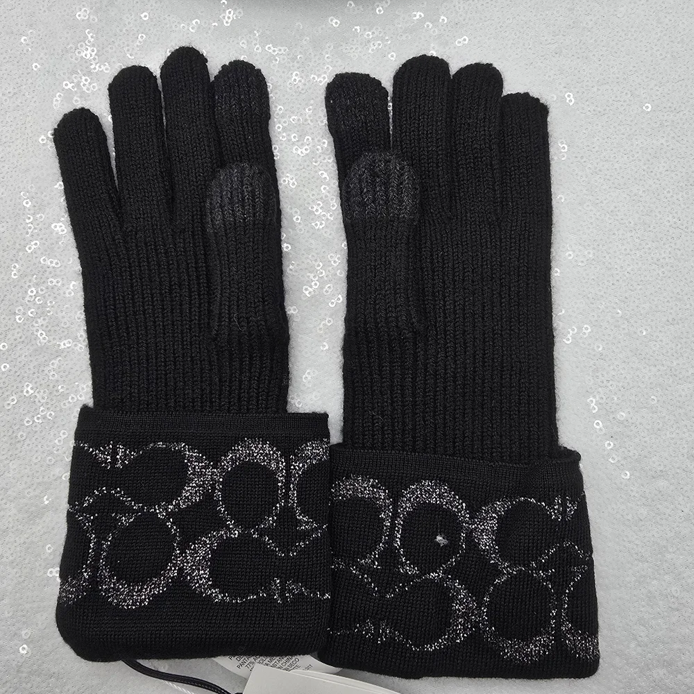 Coach Winter Knit Tech Gloves Black Silver Metallic Merino Warm Wool
